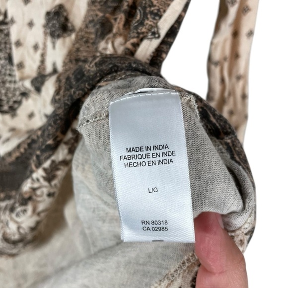 Lucky Brand Boho Print Peasant Blouse Size L Beige Black Long Sleeve Cotton - Picture 4 of 6